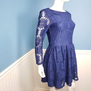Blue Long Sleeve Lace Floral Dress fit and flare skater maxi